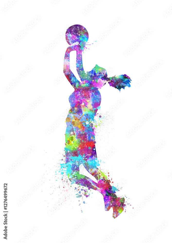Fototapeta premium A silhouette of a basketball player girl with watercolor splashes in PNG format with a transparent background is ideal for birthday posters, T-shirts, and sublimation. 