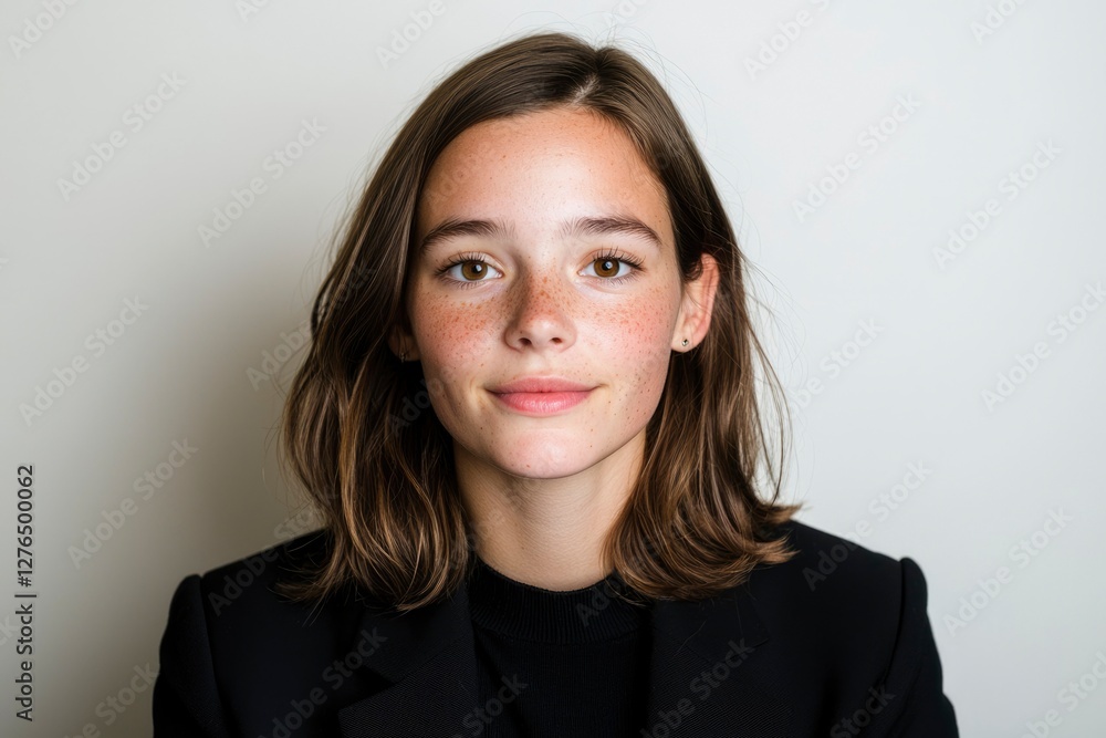 Young woman in black blazer smiles confidently against a neutral background, ideal for professional portraits Young woman in black blazer smiles confidently against a neutral background, ideal for professional portraits