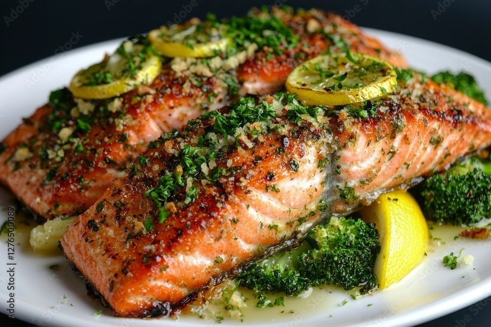 Baked salmon fillets with lemon, herbs, and broccoli on a white plate Baked salmon fillets with lemon, herbs, and broccoli on a white plate