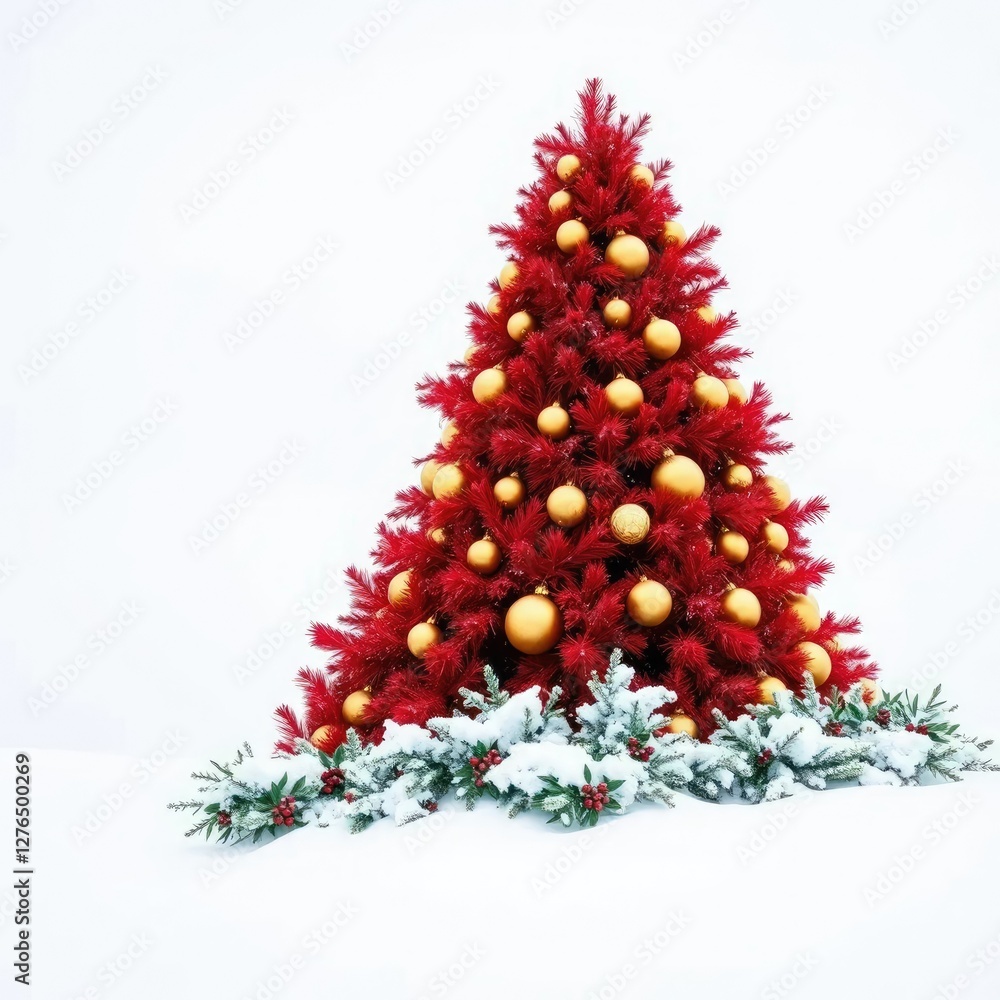 A large red Christmas tree with golden ornaments against a white snow background, snowy background, holly leaves, evergreen branches A large red Christmas tree with golden ornaments against a white snow background, snowy background, holly leaves, evergreen branches
