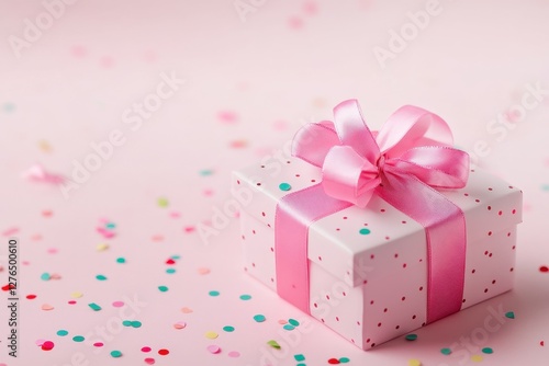 Gift-wrapped box with a bow in a cheerful confetti setting. Ideal for celebrations, birthdays, and festive themes. Captures joy and excitement. Generated AI