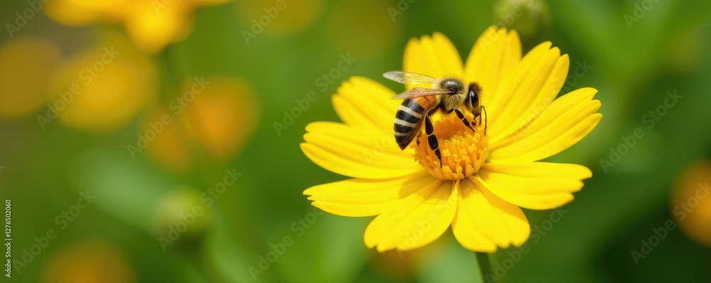 A bee collecting nectar from a bright yellow flower in the garden, bees, blossoms A bee collecting nectar from a bright yellow flower in the garden, bees, blossoms
