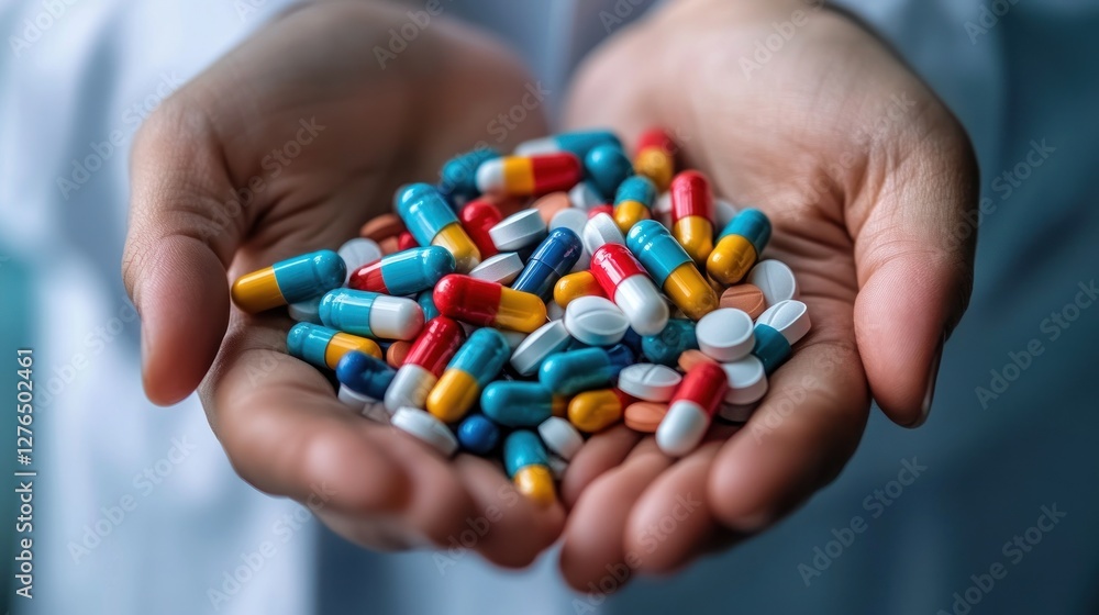 Person holding colorful capsules and tablets in hands Person holding colorful capsules and tablets in hands