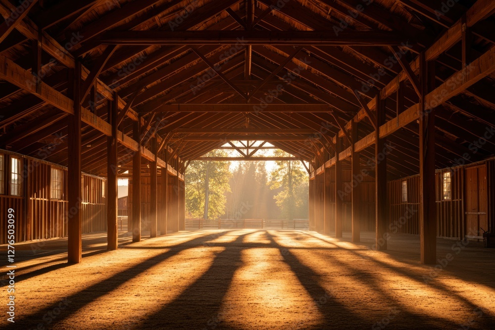 Sunlit Barn Interior at Dawn with Fog Sunlit Barn Interior at Dawn with Fog