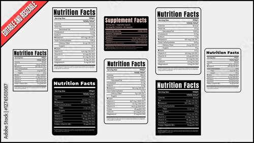 Nutrition facts Label. Vector. Food information with daily value. Data table ingredients include calories, fat, sugar. Package template. Flat illustration isolated on a white background. Layout design