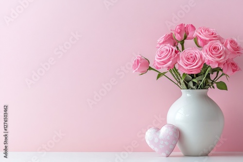Fototapeta Naklejka Na Ścianę i Meble -  Beautiful pink roses in a white ceramic vase on a soft pink background representing love and elegance. Generated AI
