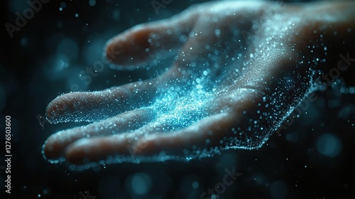 A close-up of a human hand illuminated with glowing blue particles, symbolizing energy and creativity