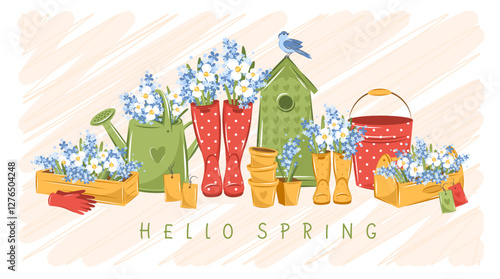 Gardening, growing plants, agricultural tools. Hello spring garden.  Vector illustration.
