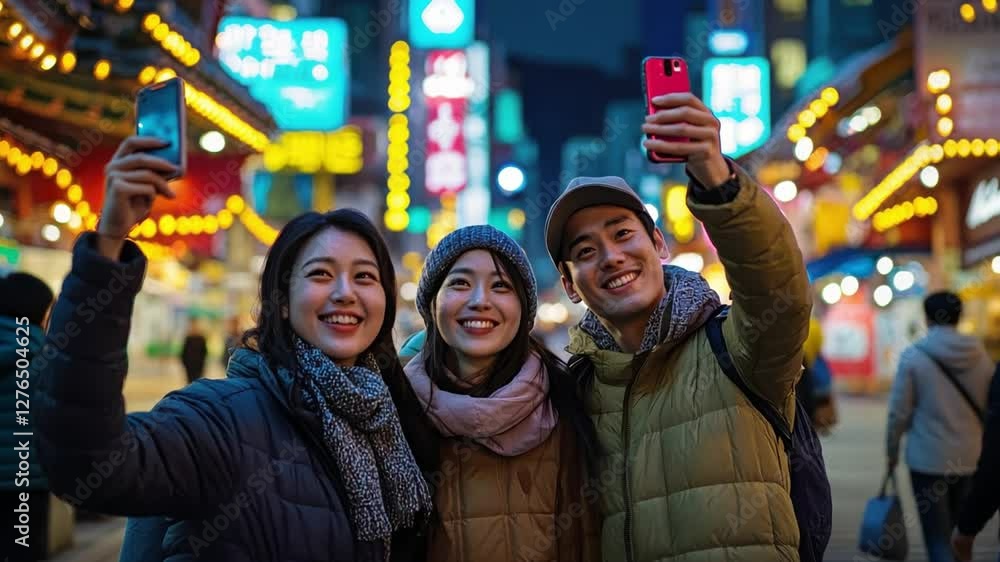 Capturing Memories: Friends on a captivating journey in a city, lit with vibrant lights and excitement, pause to capture a selfie. Their smiles and the city's glow create a vibrant and warm ambiance Capturing Memories: Friends on a captivating journey in a city, lit with vibrant lights and excitement, pause to capture a selfie. Their smiles and the city's glow create a vibrant and warm ambiance