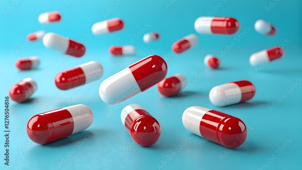 Floating red and white capsule pills on a bright blue background, pharmaceutical medication concept for healthcare, treatment, and medical science Floating red and white capsule pills on a bright blue background, pharmaceutical medication concept for healthcare, treatment, and medical science