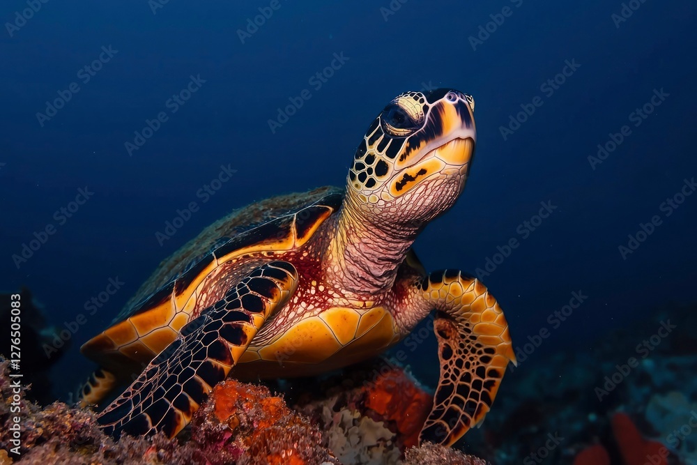 Fototapeta premium Hawksbill Turtle on Coral Reef in Blue Ocean