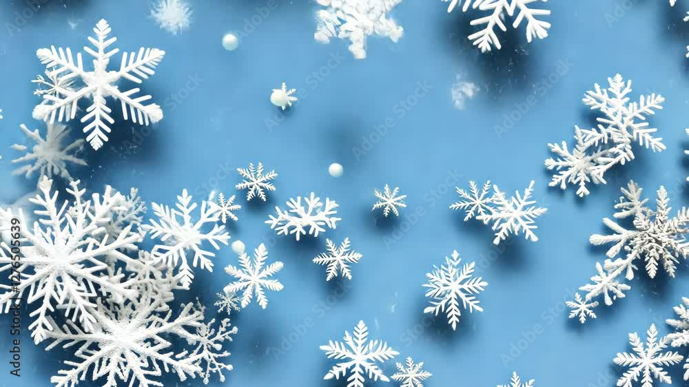 Delicate snowflakes descend softly, forming a beautiful winter display against a vibrant blue backdrop Delicate snowflakes descend softly, forming a beautiful winter display against a vibrant blue backdrop