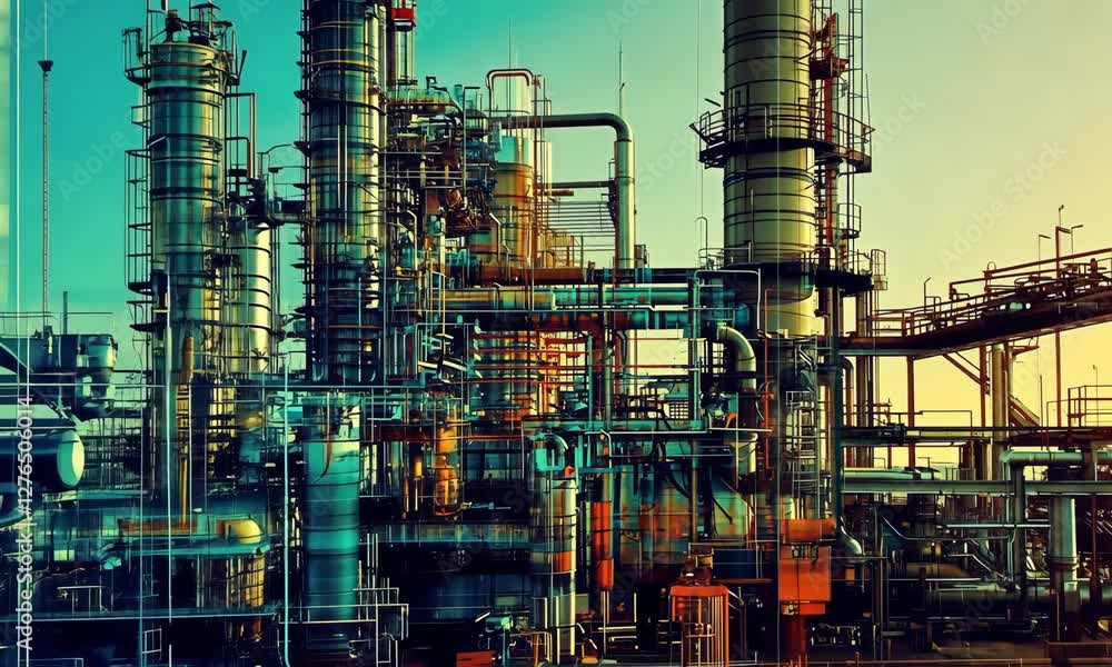 Industrial Complex: An intricate network of pipes, towers, and structures, capturing the sheer scale and complexity of a modern industrial plant bathed in the sun. Industrial Complex: An intricate network of pipes, towers, and structures, capturing the sheer scale and complexity of a modern industrial plant bathed in the sun.
