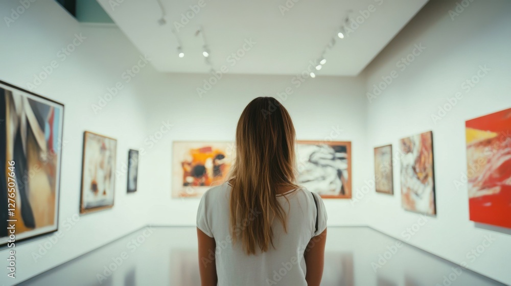 Social media rumors affecting a woman at an art gallery. Featuring distraction and unease Social media rumors affecting a woman at an art gallery. Featuring distraction and unease