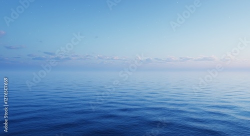 Calm Ocean Water Under Soft Blue Sky with Cloudscape at Horizon
