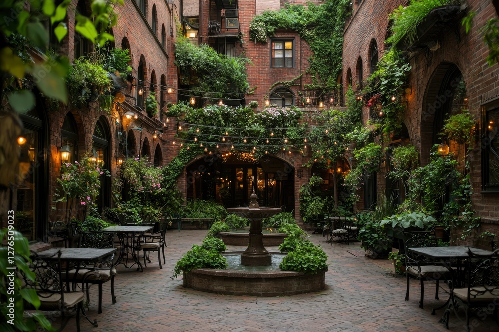 Fototapeta premium Cozy courtyard with fountain, plants, and cafe tables