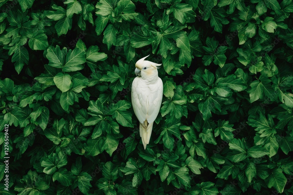 Obraz premium White cockatoo perched on lush green leaves in a garden setting