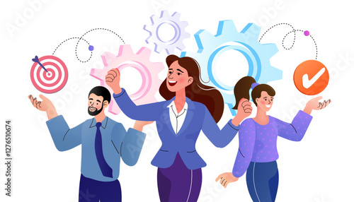 A concept of teamwork and project management. A business team with a leader manages the workflow from setting a target to successful completion, symbolizing an effective process