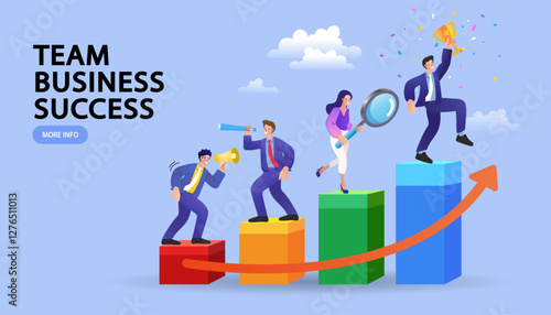 Successful businessman on graph. Winning of competition. The success of teamwork. Business partnership concept in flat vector illustration. 