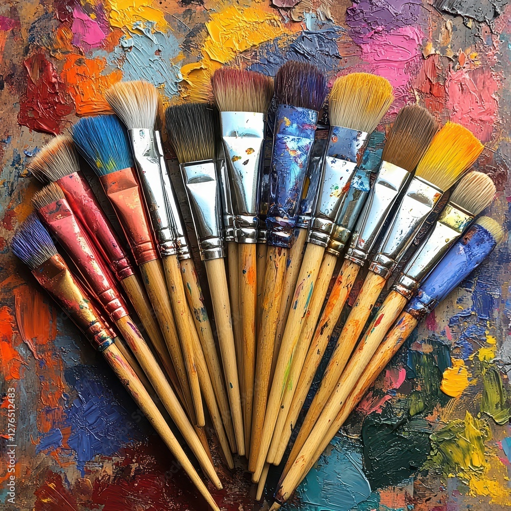 Fototapeta premium Assorted Paintbrushes in a Pile with Bright Paint Stains