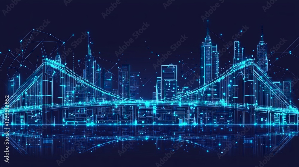 Naklejka premium A high-tech metropolis with hovering buildings interconnected by glowing bridges, with copy space.