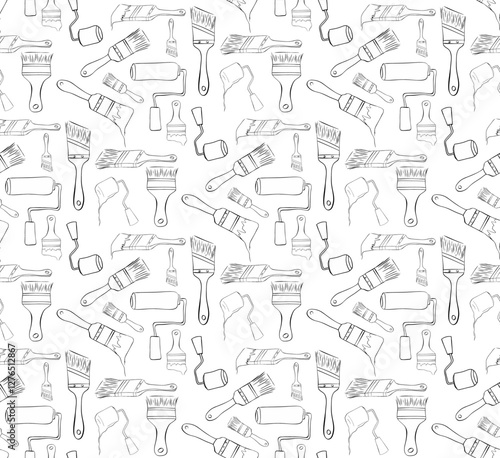 Paint roller brushes seamless pattern. Vector graphic line  background for headers, banners and advertising