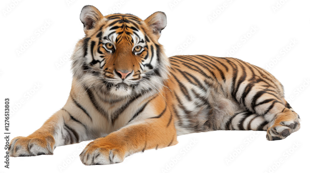 Obraz premium A majestic tiger with striking stripes laying on ground on a white background