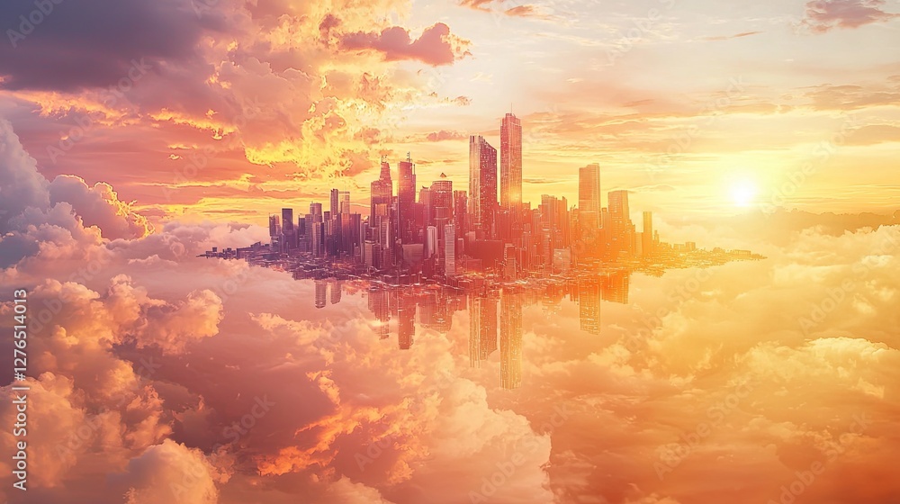 Fototapeta premium A majestic floating city with futuristic skyscrapers hanging in the sky, reflecting the sunset, with copy space.