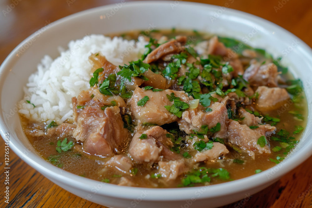 Lechon Paksiw Served with White Rice in Bright Natural Light Lechon Paksiw Served with White Rice in Bright Natural Light