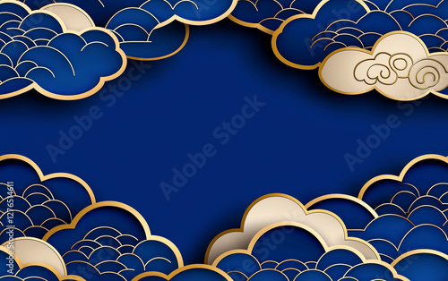 Luxurious blue and gold Asian cloud pattern creates elegant frame backdrop