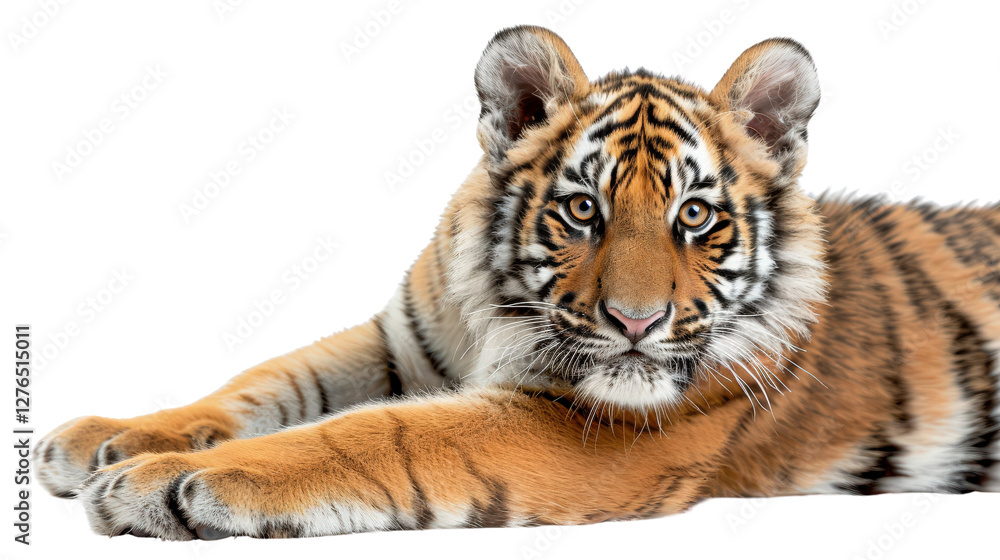 Obraz premium A majestic tiger with striking stripes laying on ground on a white background