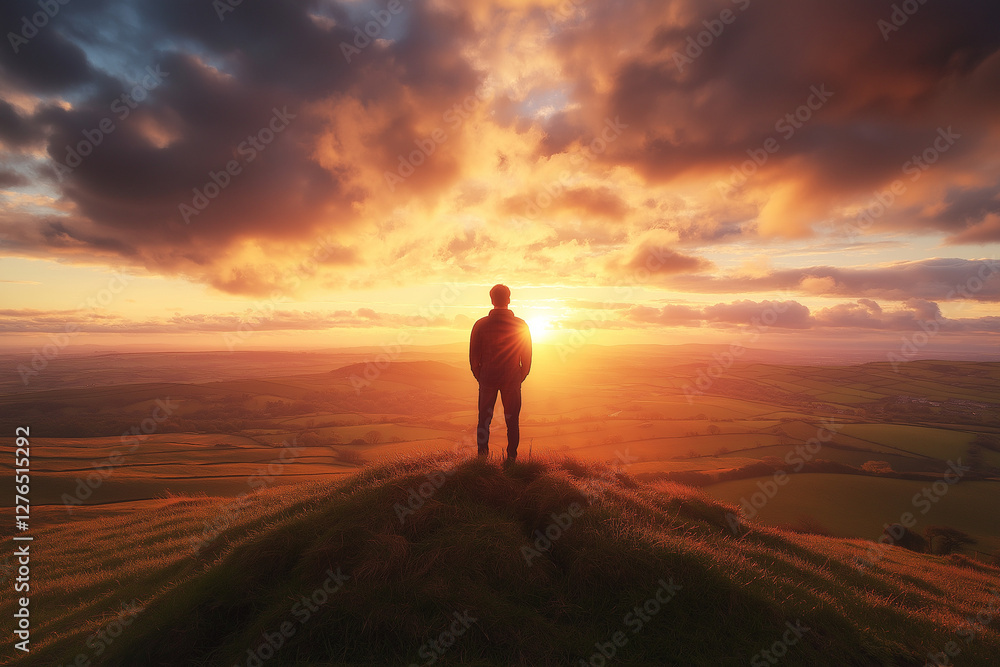 man walking on the beach at sunset. A lone man stands on a hilltop, silhouetted against a breathtaking sunset, with rolling hills and a vibrant sky in the background. alone man on mount in evening man walking on the beach at sunset. A lone man stands on a hilltop, silhouetted against a breathtaking sunset, with rolling hills and a vibrant sky in the background. alone man on mount in evening