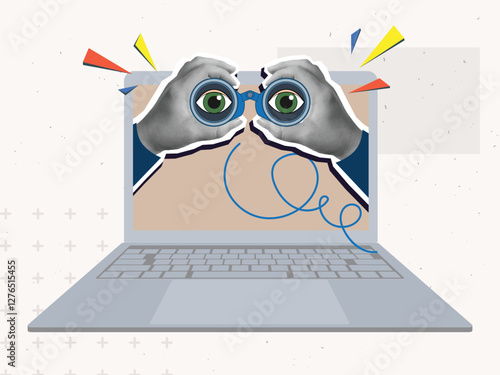 Person from laptop looking through binoculars. Modern photo collage style. Vector illustration