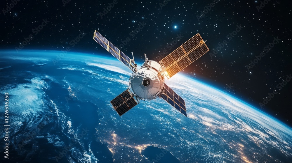 Fototapeta premium Satellite orbits Earth, capturing vibrant blue and white surface, showcasing planetary beauty from space.