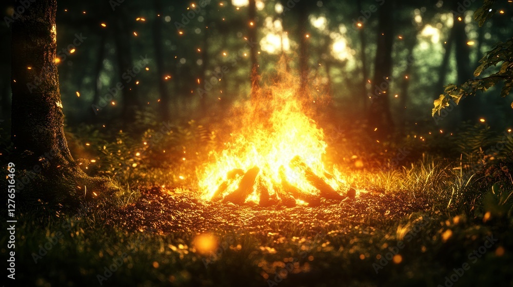 Forest campfire magic, glowing embers, dark trees, fantasy background, game design Forest campfire magic, glowing embers, dark trees, fantasy background, game design