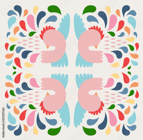 Symmetrical Floral and Bird Abstract Pattern