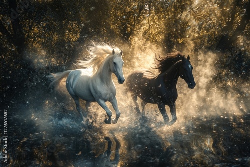 hree horses, white, brown and black, running at lightning speed with dust blowing around them in a wooded area... The horses' manes are blowing and it is a magnificent fairytale-like image photo