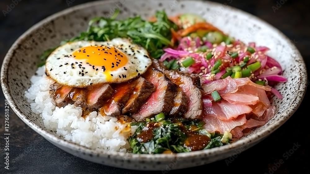 Delicious steak and tuna poke bowl with fried egg, rice, and assorted vegetables. Delicious steak and tuna poke bowl with fried egg, rice, and assorted vegetables.