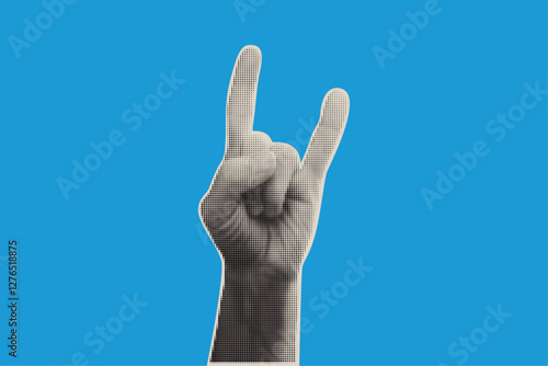 Halftone hand showing the rock and roll sign. Dot effect gesture on blue background. Black and white Rockstar expressing symbol.