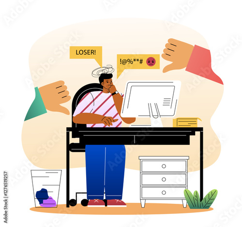 A sad young man sitting at a desk, receiving negative comments on a computer screen. Thumbs-down gestures and offensive messages symbolize cyberbullying. Vector illustration