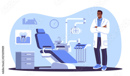 Dentist in white coat standing with folded arms in a modern dental clinic. Blue dental chair, medical equipment, and tooth X-ray on background. Healthcare concept. Vector illustration
