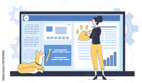 Woman interacting with large computer screen featuring pet-related content, including a dog and digital graphics. Modern flat style on a white background. Vector illustration