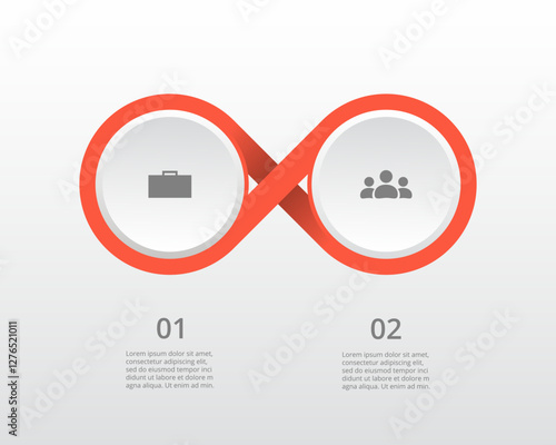 Red infographic template with 2 steps, options, parts or processes. Presentation of teamwork or business processes. Concept of molecule or infinity sign.