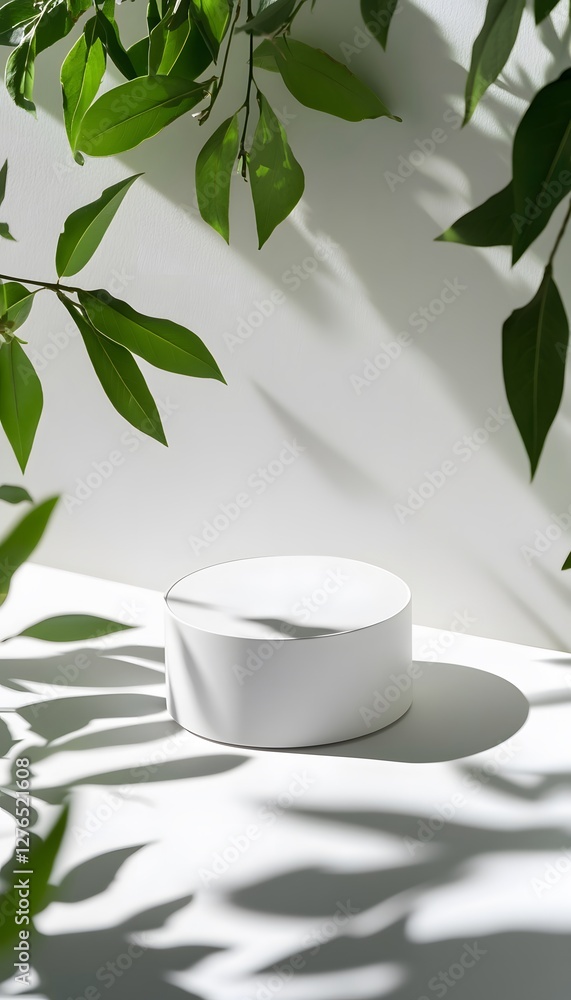 White product display podium with leafy shadows against white wall White product display podium with leafy shadows against white wall