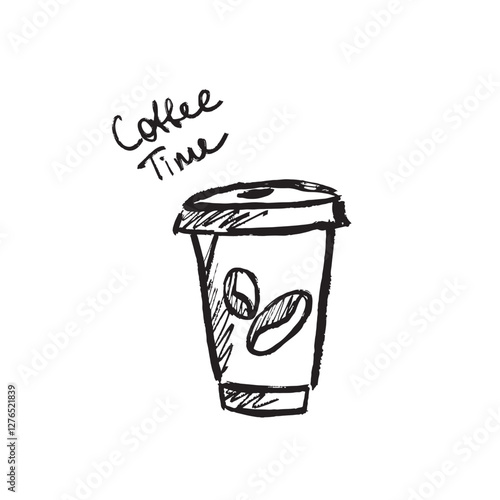 Disposable cup of coffee design. Coffee time poster. black drawing in black brush stroke texture isolated on white background. Hand drawn vector sketch illustration in vintage charcoal ink, cafe menu