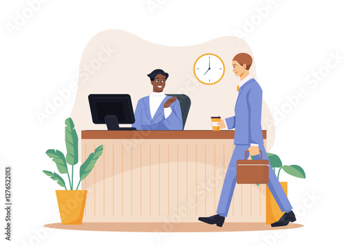 A businessman in a blue suit walks into an office lobby holding a coffee and briefcase while greeting a smiling receptionist behind the desk. Office environment concept. Vector illustration