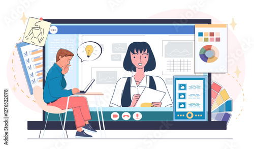 A man attends an online business meeting, watching a virtual presentation on a large screen. The digital workspace is filled with charts and documents. Vector illustration