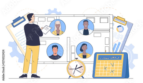 HR manager analyzing candidate profiles on a digital interface with resumes and avatars. Business charts, clock, and calendar in the background. Concept of recruitment. Vector illustration