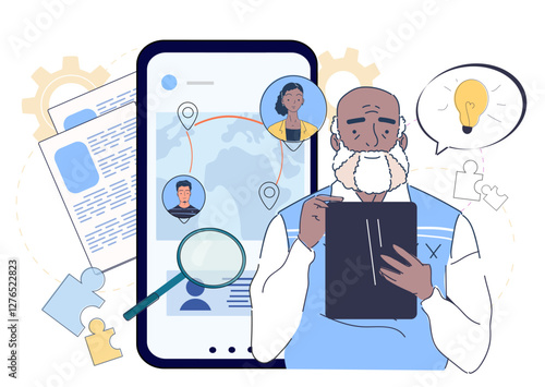 Elderly man with a beard analyzing data on a tablet, with a smartphone displaying a global network and user profiles. Concept of digital research and online connections. Vector illustration