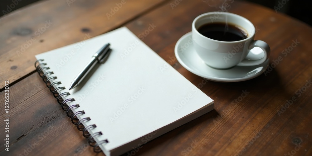 A blank spiral notebook rests on a wooden surface alongside a cup of steaming coffee and a pen, ready for writing and ideas. A blank spiral notebook rests on a wooden surface alongside a cup of steaming coffee and a pen, ready for writing and ideas.
